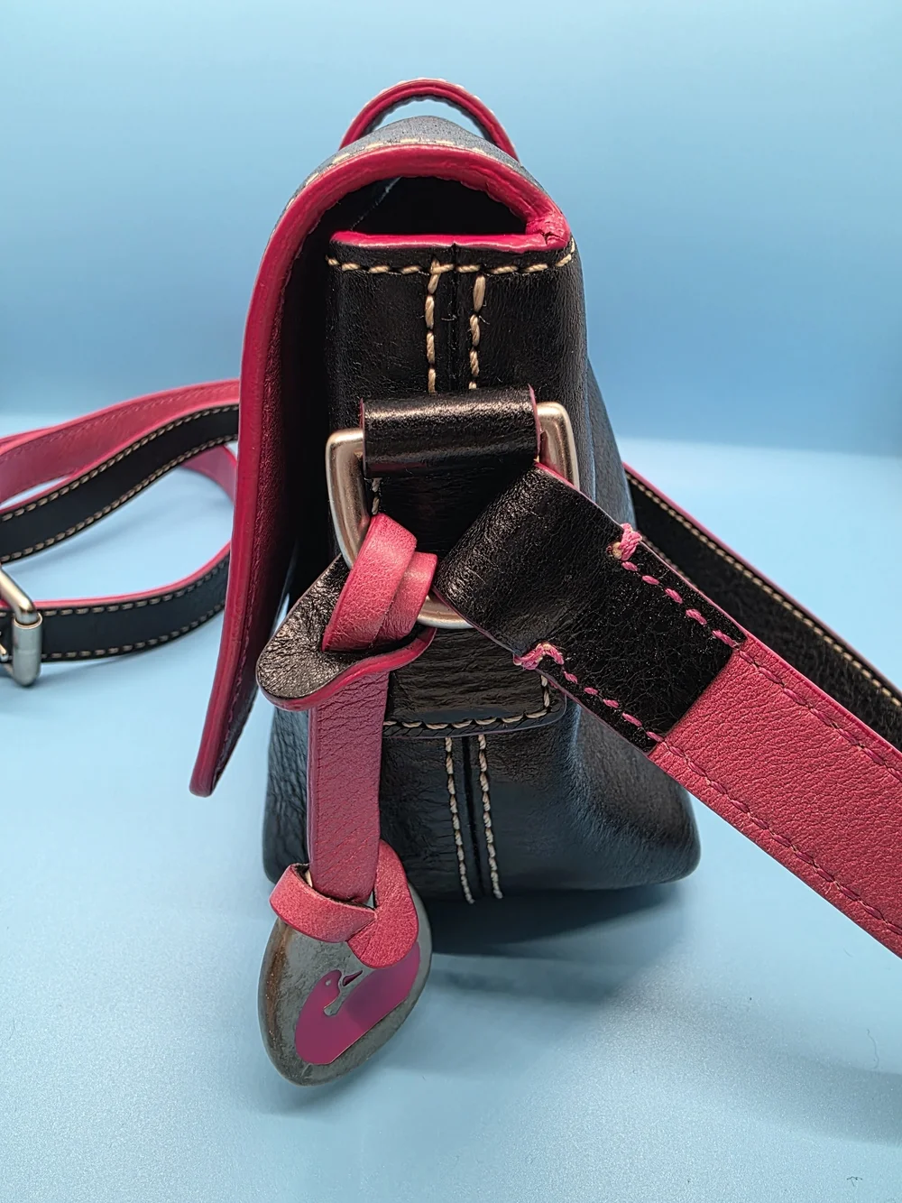 Black Leather Crossbody Bag with Pink Strap and Heart Buckle